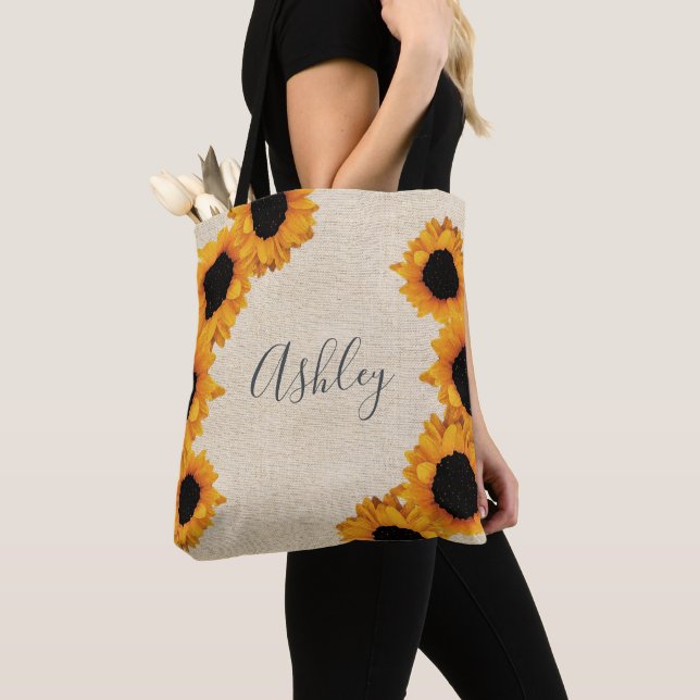 Personalised Radiant Sunflower Burlap Tote Bag (Close Up)