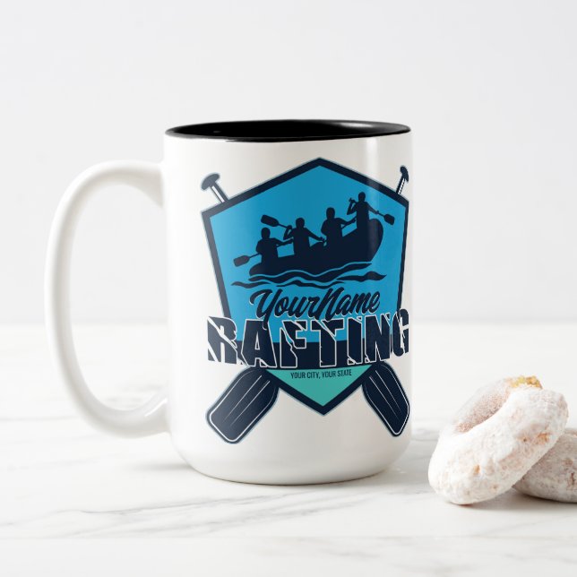 Personalised Rafting Whitewater River Adventure Two-Tone Coffee Mug (With Donut)