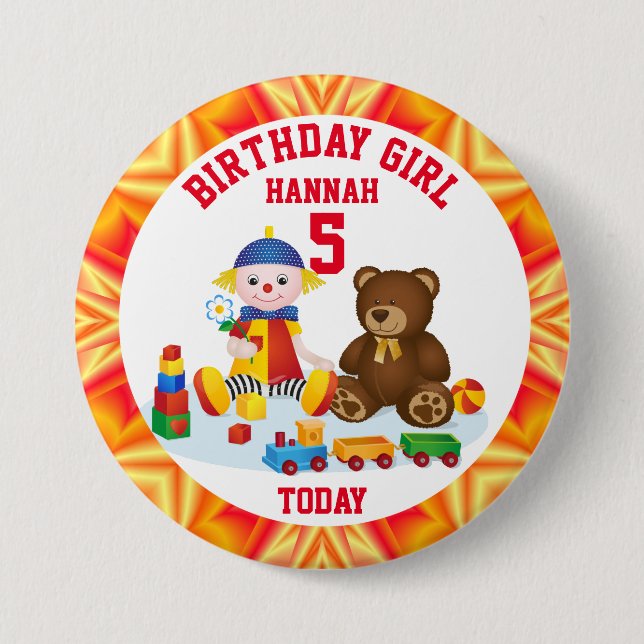 Personalised Rag Doll and Teddy Kids' Age 7.5 Cm Round Badge (Front)