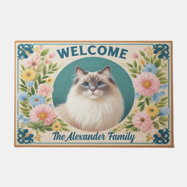 Personalised Ragdoll Cat Serenity Floral Welcome Doormat (Front)