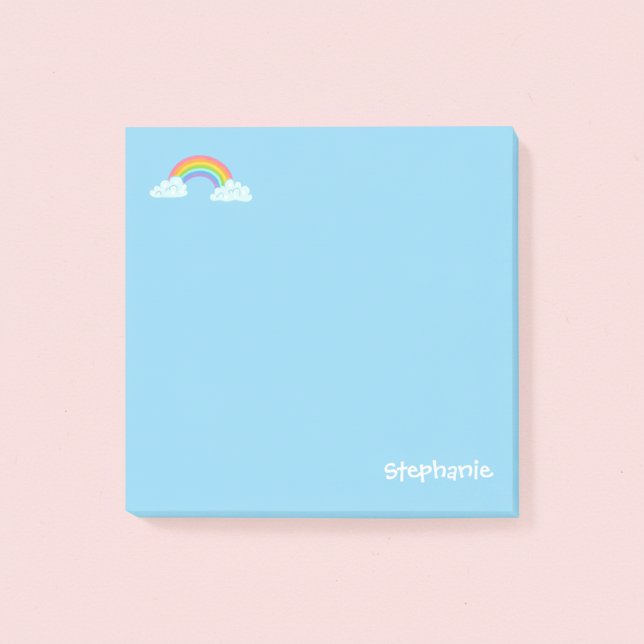 Personalised Rainbow and Name Post-it Notes (Cute blue personalized post-it notes with a name and rainbow.)