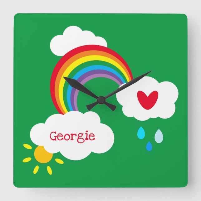 Personalised Rainbow, Clouds and Rain Square Wall Clock (Front)