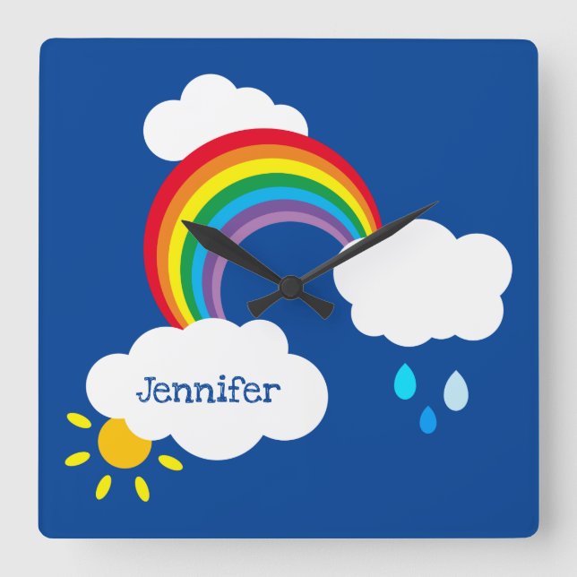 Personalised Rainbow, Clouds and Rain Square Wall Clock (Front)