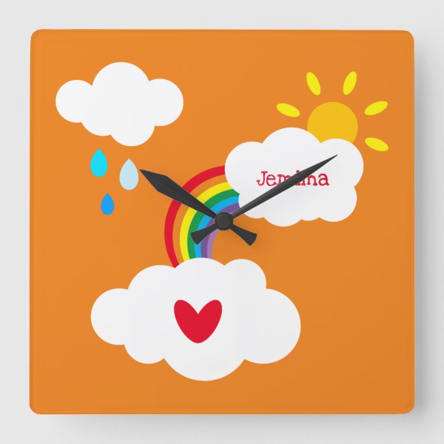 Personalised Rainbow, Clouds and Rain Square Wall Clock (Front)