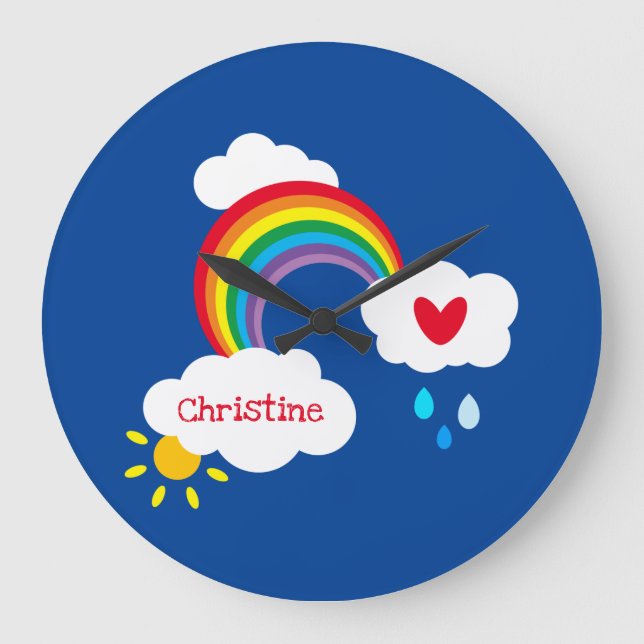Personalised Rainbow, Clouds and Rain Square Wall Large Clock (Front)
