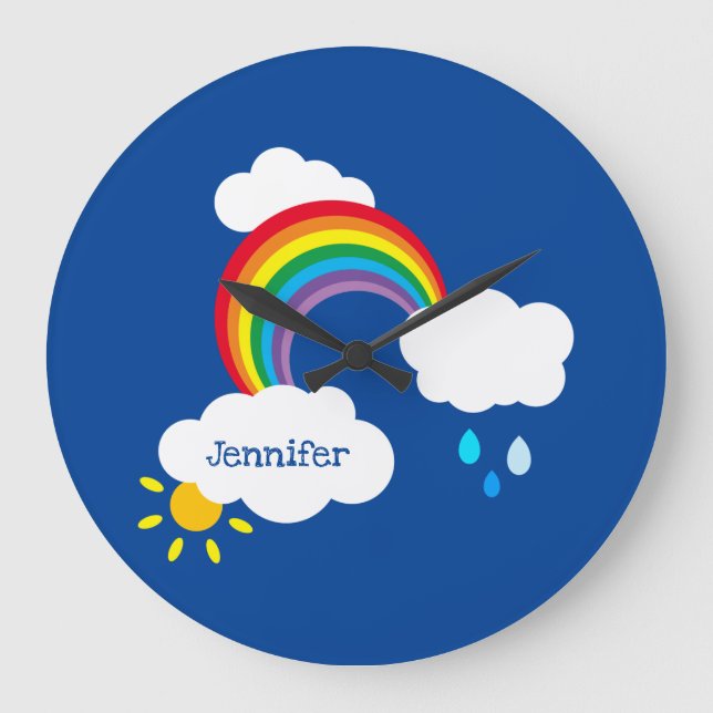 Personalised Rainbow, Clouds and Rain Square Wall Large Clock (Front)