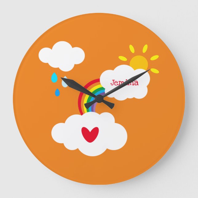 Personalised Rainbow, Clouds and Rain Square Wall Large Clock (Front)