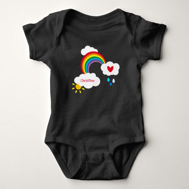 Personalised Rainbow, Clouds, Raindrops and Sun Baby Bodysuit (Front)