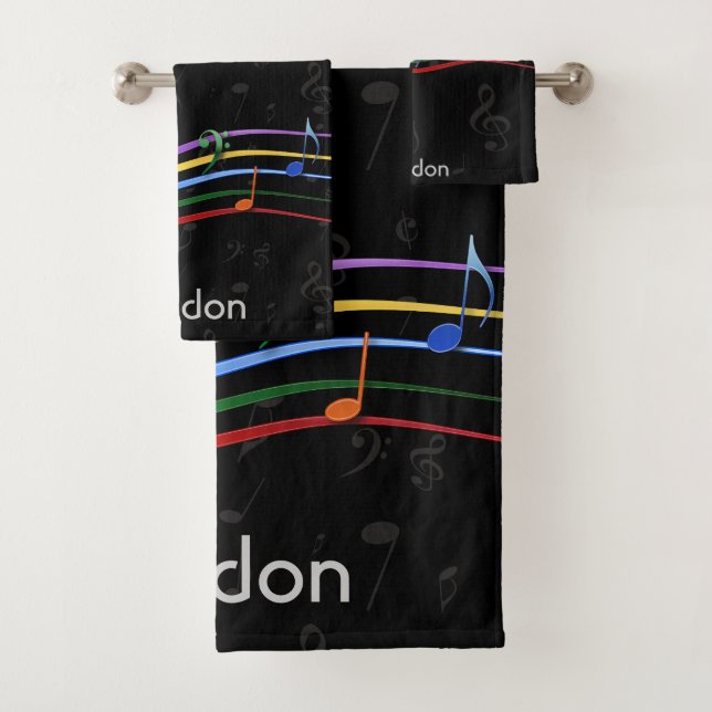 Personalised Rainbow Coloured Music Notes Bath Towel Set (Insitu)