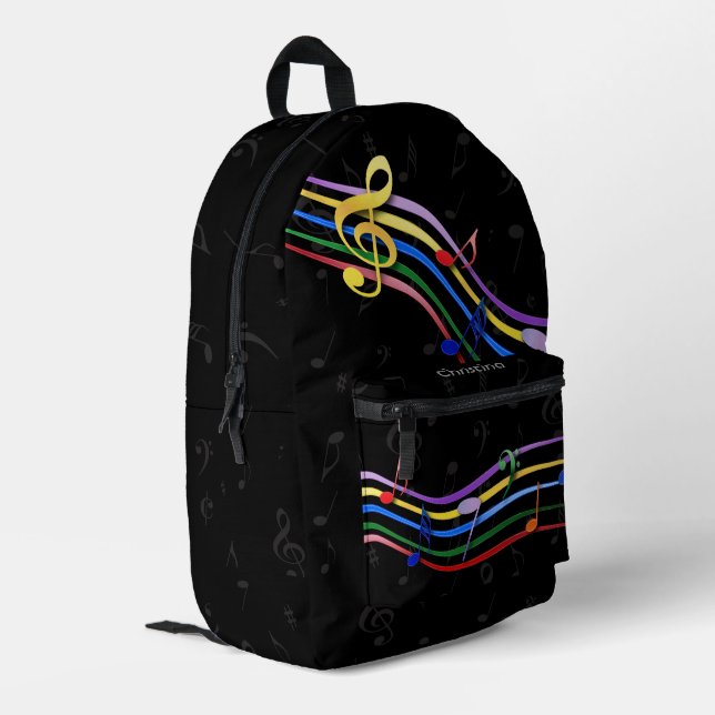 Personalised Rainbow Coloured Music Notes Printed Backpack (Back Corner Left)