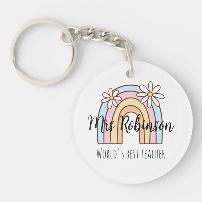 Personalised Rainbow & Daisies Keyring | Teacher (Front)