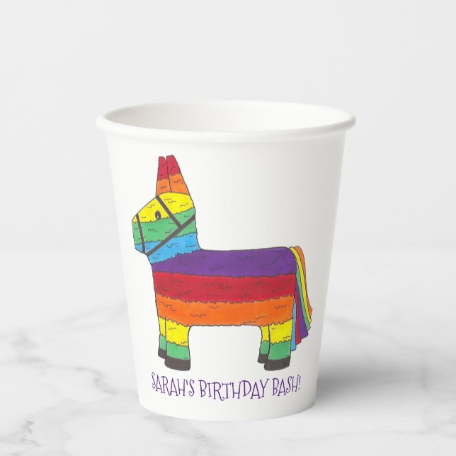 Personalised Rainbow Donkey Piñata Birthday Party Paper Cups (Front)