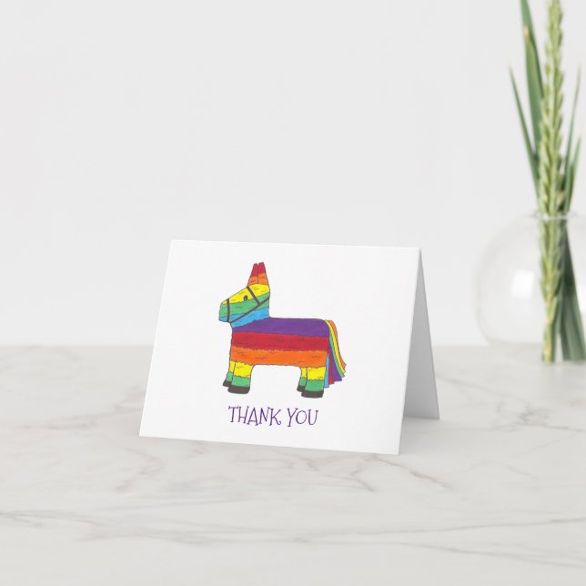 Personalised Rainbow Donkey Piñata Birthday Party Thank You Card (Front)