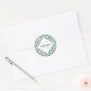 Personalised Rainbow Floral Mandala Diamond Tile Classic Round Sticker