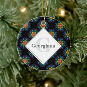 Personalised Rainbow Floral Polka Dot Mandala Ceramic Tree Decoration