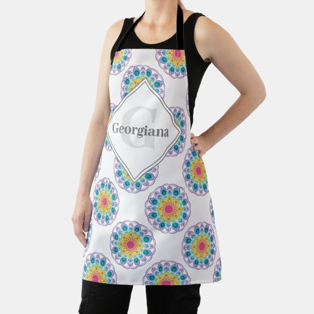 Personalised Rainbow Floral Polka Dots Mandala Apron (Insitu)