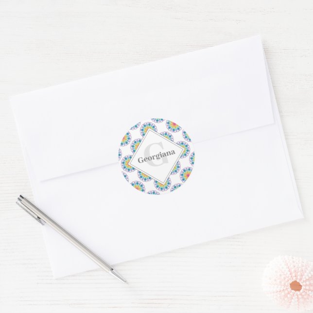 Personalised Rainbow Floral Polka Dots Mandala Classic Round Sticker (Envelope)