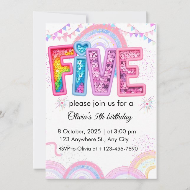 Personalised Rainbow Glitter Birthday Invitation (Front)