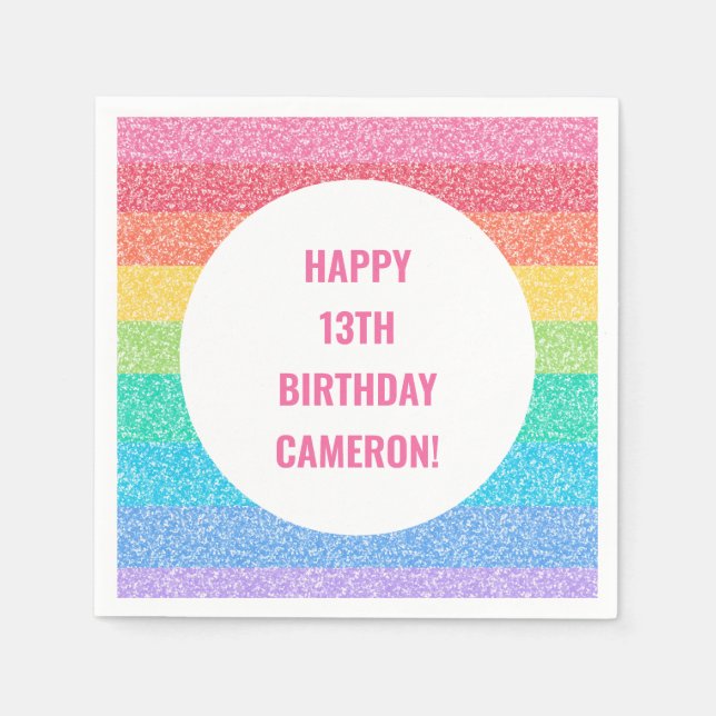 Personalised Rainbow Glitter Birthday Party Napkin (Front)