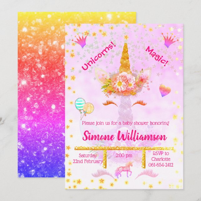 Personalised Rainbow Glitter Golden Unicorn Invitation (Front/Back)