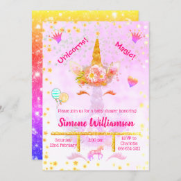Personalised Rainbow Glitter Golden Unicorn Invitation
