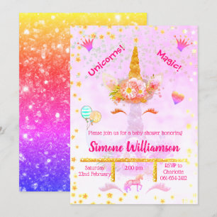 Personalised Rainbow Glitter Golden Unicorn Invitation