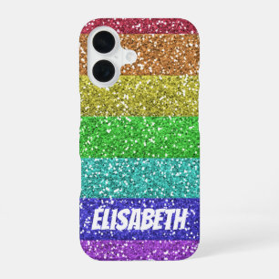 Personalised Rainbow Glitter Stripes iPhone 16 Case