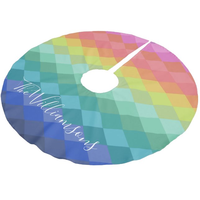 Personalised Rainbow Gradient Geometric Christmas Brushed Polyester Tree Skirt (Angled)