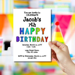 Personalised Rainbow Happy 7th Birthday Lettering Invitation