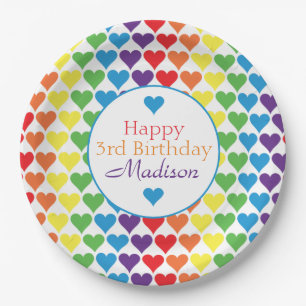 Personalised Rainbow Hearts Birthday Paper Plate