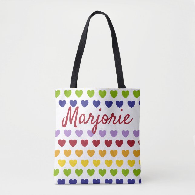 Personalised Rainbow Hearts Stripes Pattern Tote Bag (Front)