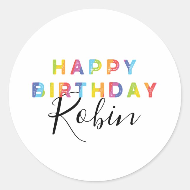 Personalised Rainbow Letters Happy Birthday Classic Round Sticker (Front)