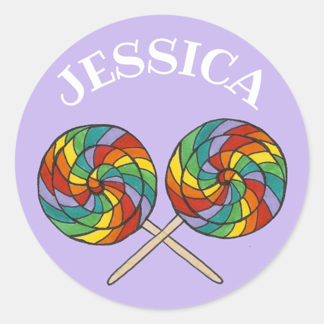Personalised Rainbow Lollipop Lolly Candy Purple Classic Round Sticker (Front)