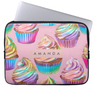 Personalised Rainbow Pastel Cupcake with Glitter Laptop Sleeve