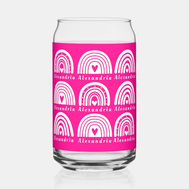 Personalised Rainbow Pattern Hot Pink Coffee Can Glass (Front)