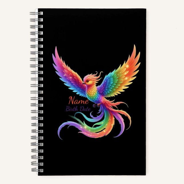 Personalised Rainbow Phoenix Name Birthdate Gift Notebook (Front)