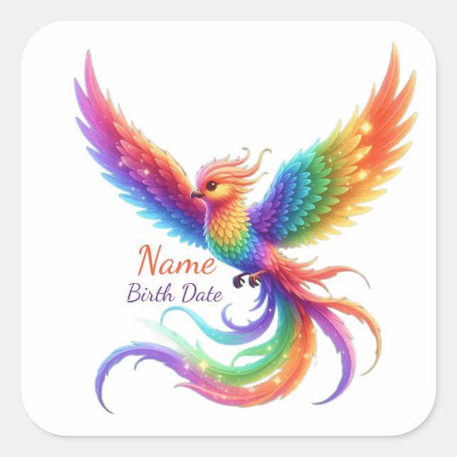 Personalised Rainbow Phoenix Name Birthdate Gift Square Sticker (Front)