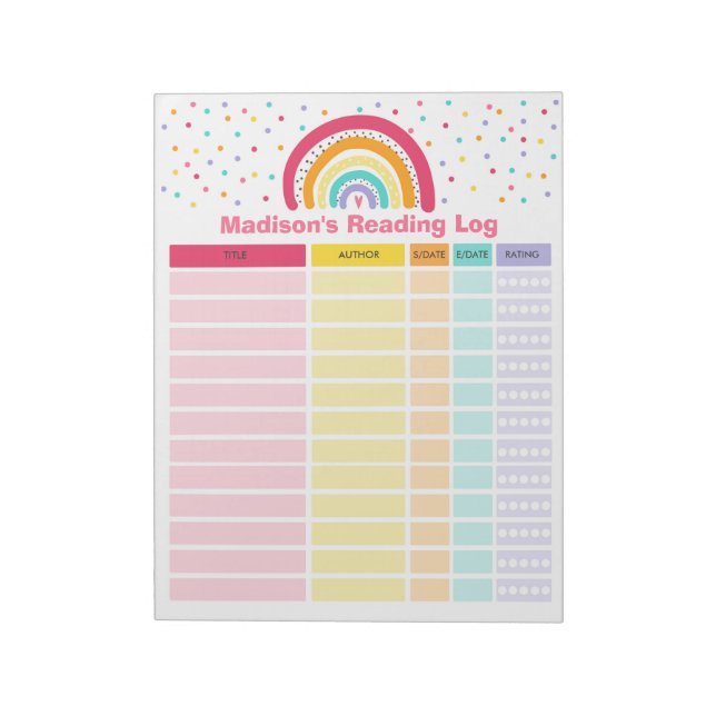 Personalised Rainbow Reading Log Homeschool Log Notepad (Rotated)