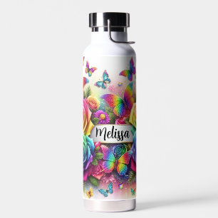 Personalised Rainbow roses and Butterflies Water Bottle