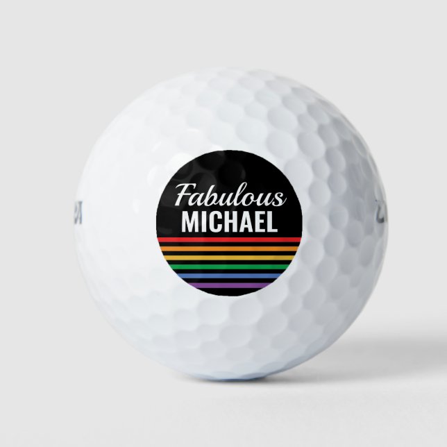 Personalised Rainbow Stripes Black LGBT Custom Golf Balls (Front)
