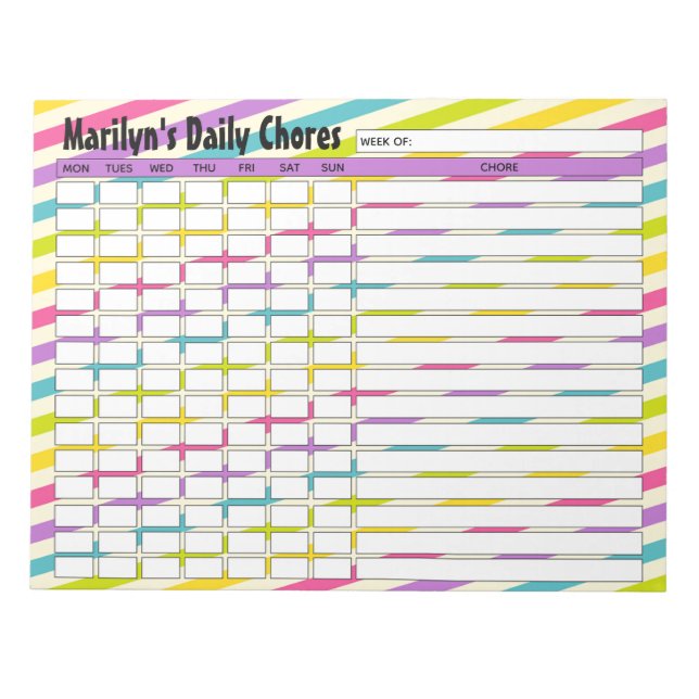 Personalised Rainbow Stripes Daily Chores Chart Notepad (Front)