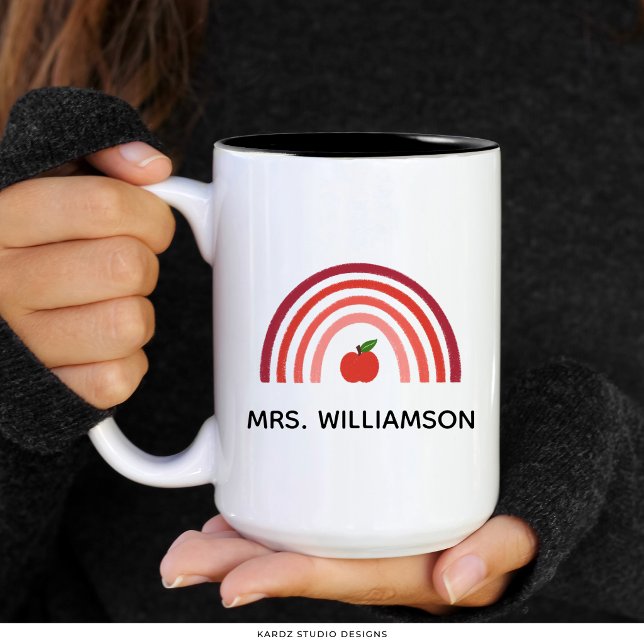 Personalised Rainbow Teacher Appreciation Mug (Two tone 15 oz. mug is shown, add the teacher's name and choose size and style.)