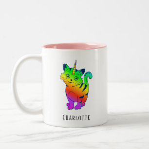 Personalised Rainbow Unicorn Cat Lover Name Two-Tone Coffee Mug