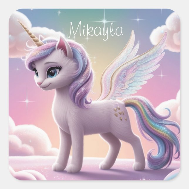 Personalised Rainbow Unicorn Cat Square Sticker (Front)