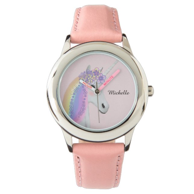 Personalised Rainbow Unicorn Pastel Pink Girl's Watch (Front)