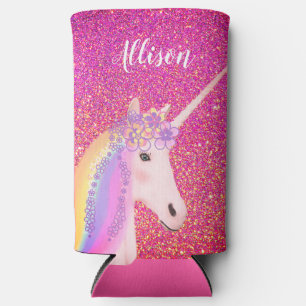 Personalised Rainbow Unicorn Pink Glitter Girls  Seltzer Can Cooler