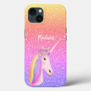 Personalised Rainbow Unicorn Pink Glitter iPhone 13 Case