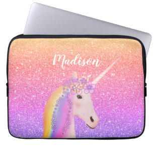 Personalised Rainbow Unicorn Pink Glitter Laptop Sleeve
