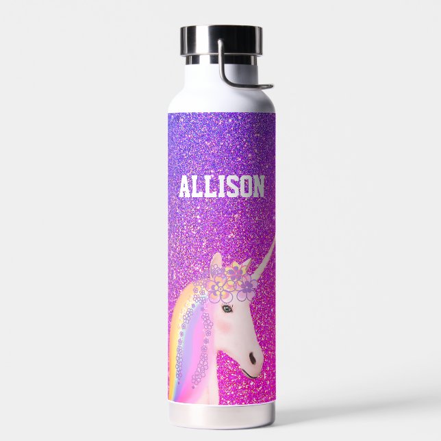 Personalised Rainbow Unicorn Purple Glitter Kids Water Bottle (Left)