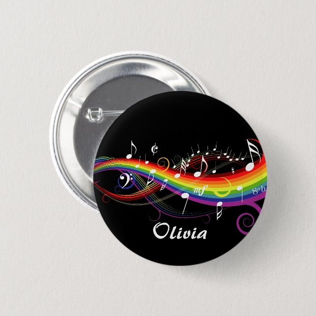 Personalised Rainbow White Music Notes on Black 6 Cm Round Badge (Front & Back)